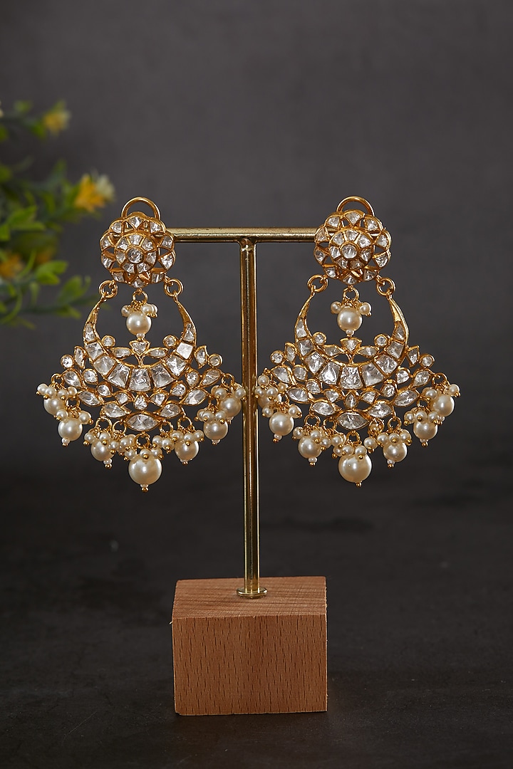 Gold Plated Kundan Polki & Freshwater Pearl Chandbaali Earrings In Sterling Silver by Kaari at Pernia's Pop Up Shop