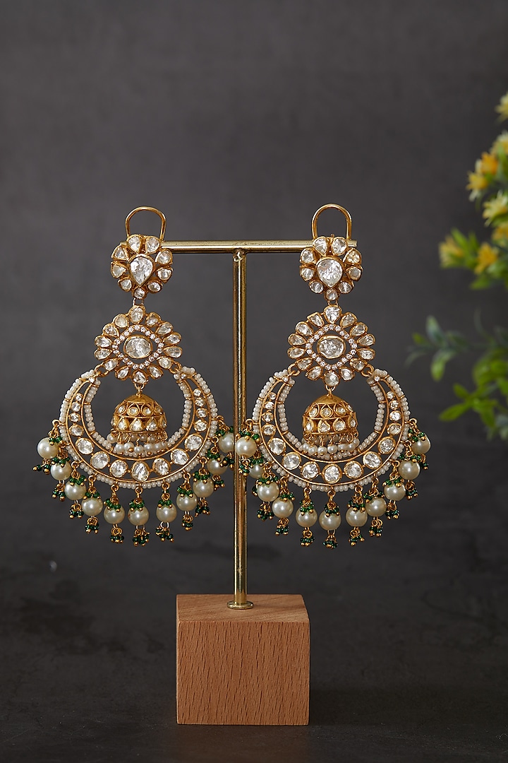 Gold Plated Vellore Kundan Polki & Freshwater Pearl Chandbaali Earrings In Sterling Silver by Kaari at Pernia's Pop Up Shop