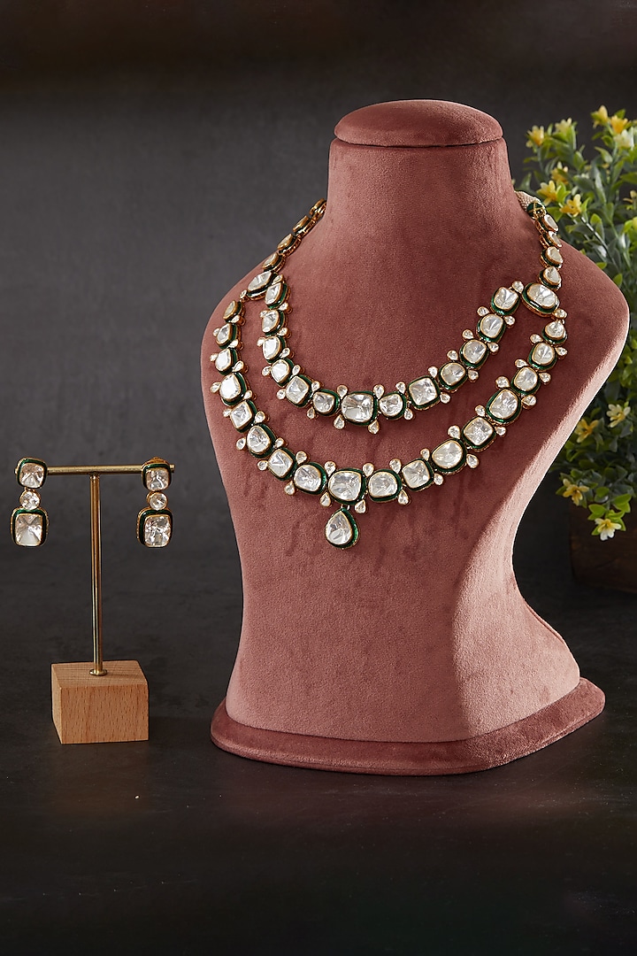 Gold Plated Moissanite Polki Enamelled Layered Necklace Set In Sterling Silver by Kaari at Pernia's Pop Up Shop