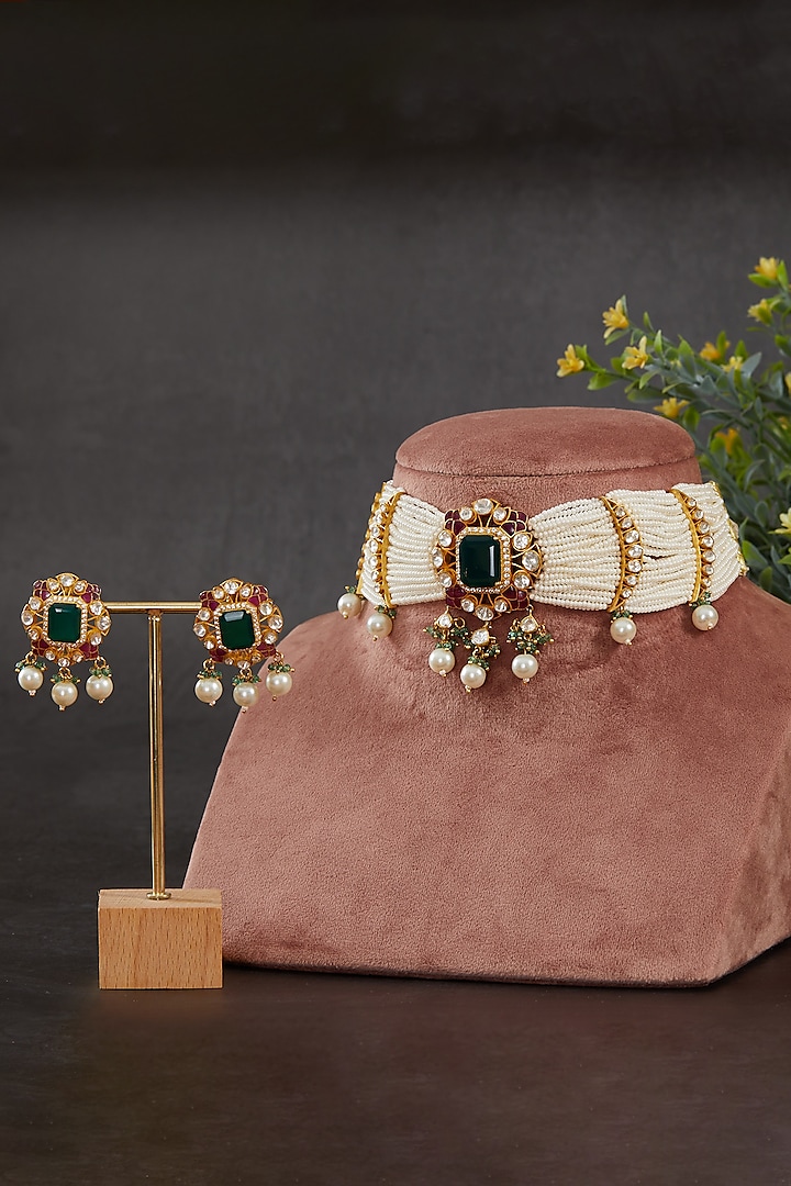 Gold Plated Vellore Kundan Polki & Green Stone Choker Necklace Set In Sterling Silver by Kaari at Pernia's Pop Up Shop