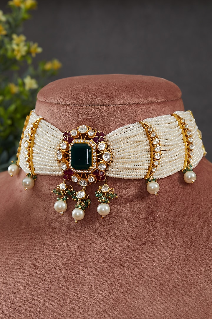 Gold Plated Vellore Kundan Polki & Green Stone Choker Necklace Set In Sterling Silver by Kaari at Pernia's Pop Up Shop