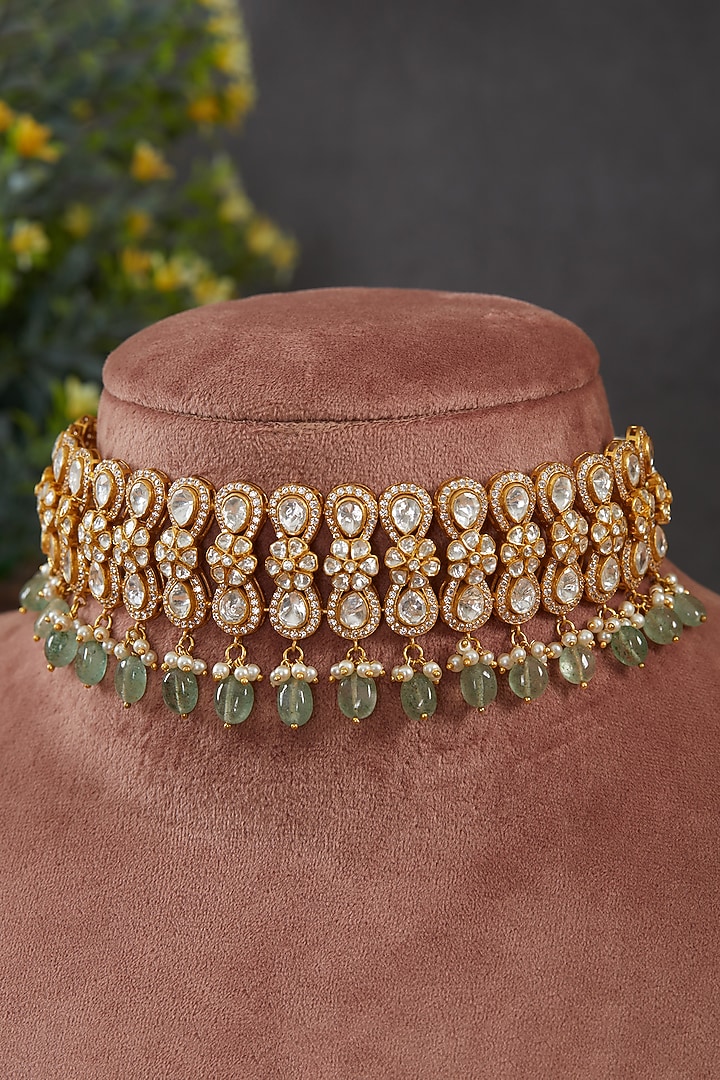 Gold Plated Moissanite Polki & Freshwater Pearl Choker Necklace In Sterling Silver by Kaari at Pernia's Pop Up Shop