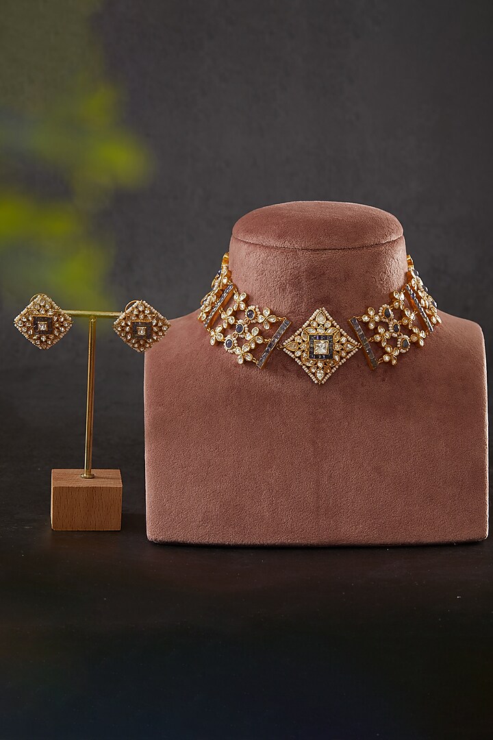 Gold Plated Vellore Kundan Polki & Blue Stone Choker Necklace Set In Sterling Silver by Kaari at Pernia's Pop Up Shop