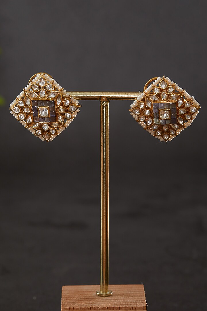 Gold Plated Vellore Kundan Polki & Blue Stone Choker Necklace Set In Sterling Silver by Kaari at Pernia's Pop Up Shop