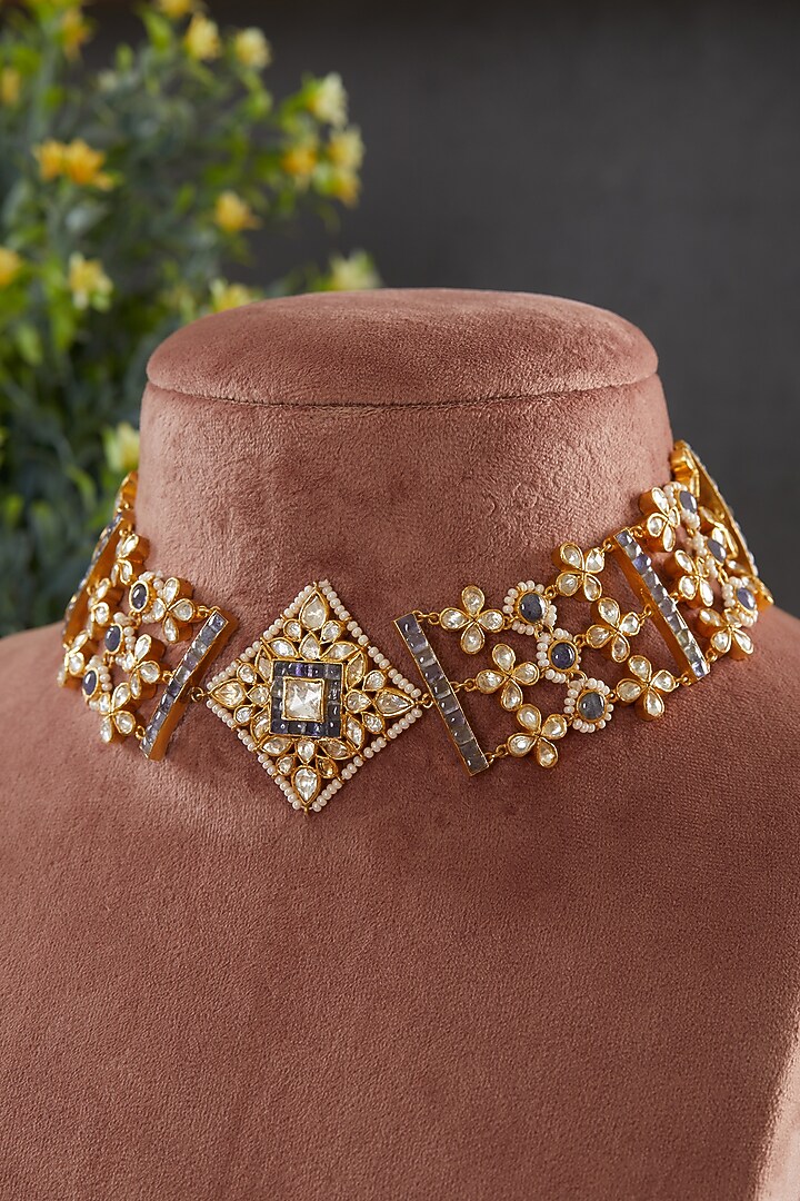 Gold Plated Vellore Kundan Polki & Blue Stone Choker Necklace Set In Sterling Silver by Kaari at Pernia's Pop Up Shop