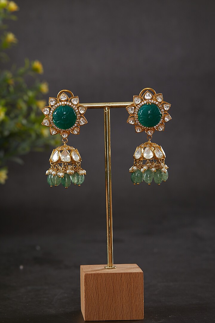 Gold Plated Vellore Kundan Polki & Pearl Jhumka Earrings In Sterling Silver by Kaari at Pernia's Pop Up Shop