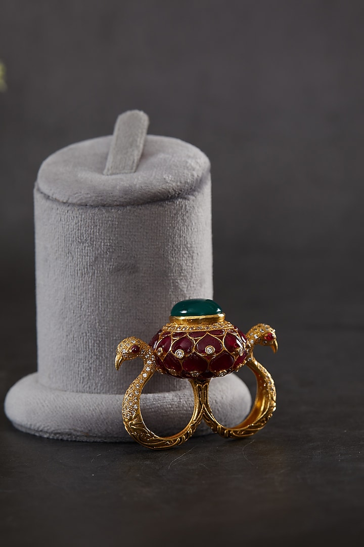 Gold Plated Vellor Kundan Polki & Red Utrai Ring In Sterling Silver by Kaari at Pernia's Pop Up Shop