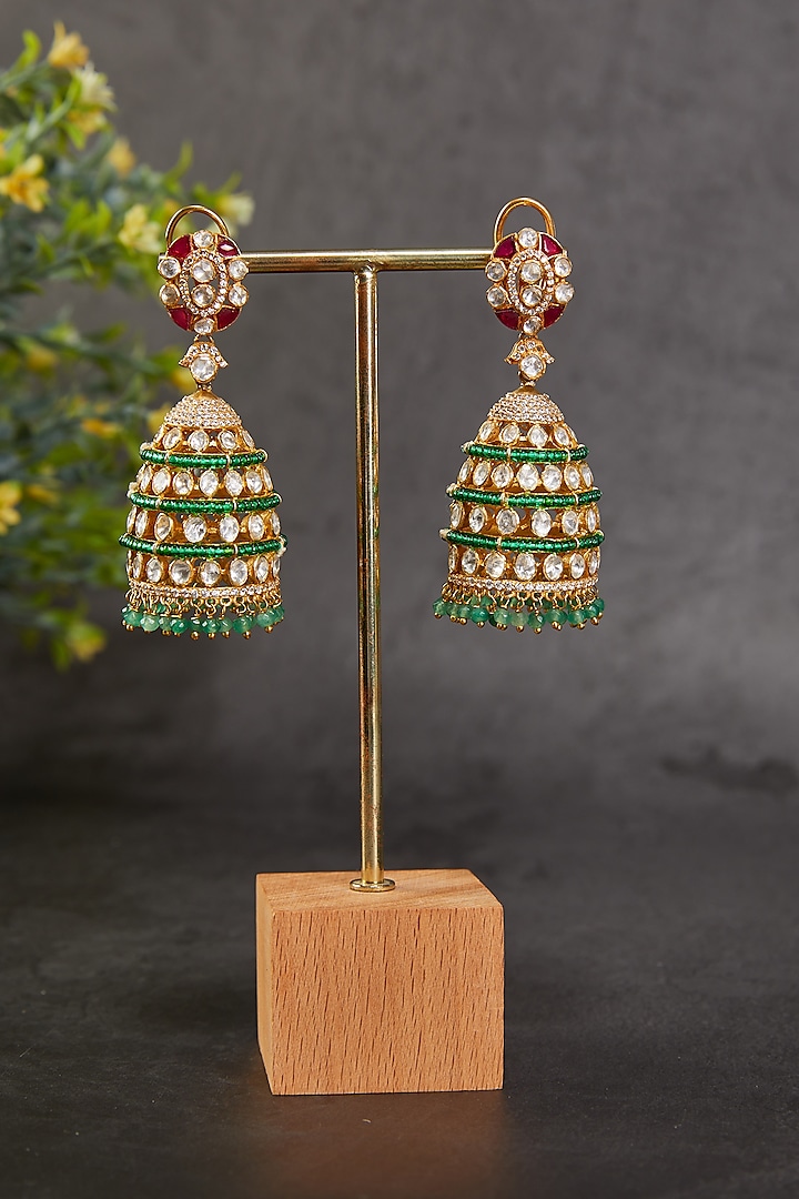 Gold Plated Vellore Kundan Polki & Red Utrai Jhumka Earrings In Sterling Silver by Kaari at Pernia's Pop Up Shop