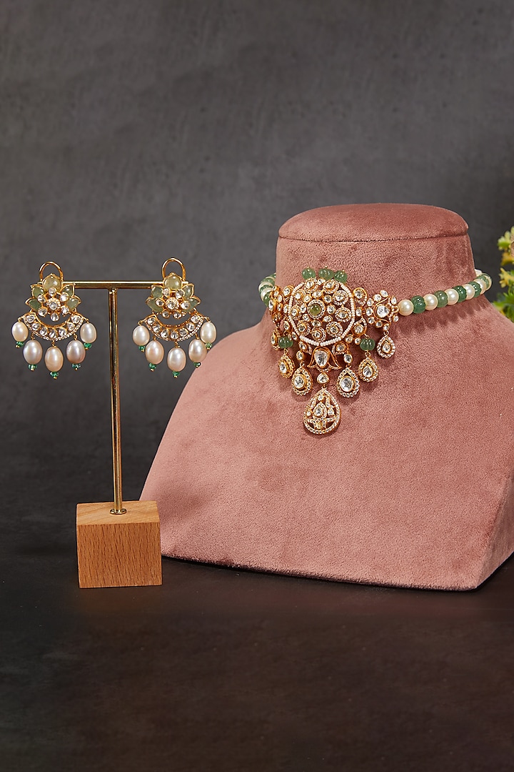 Gold Plated Kundan Polki & Freshwater Pearl Choker Necklace Set In Sterling Silver by Kaari at Pernia's Pop Up Shop