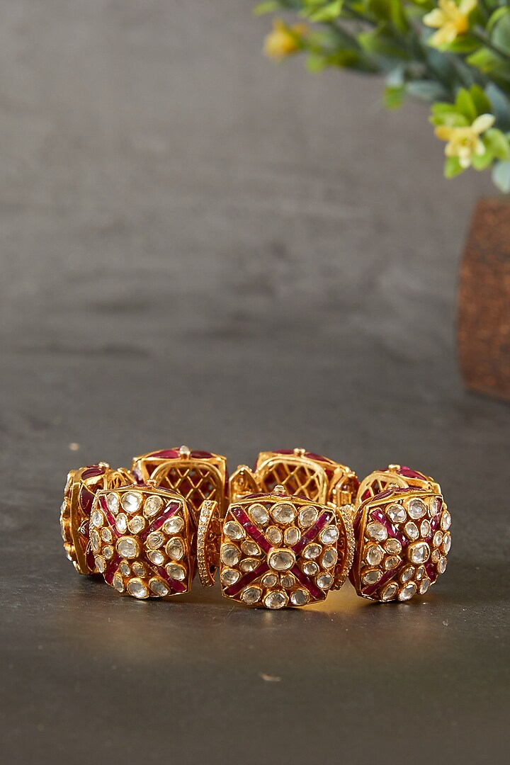 Gold Plated Kundan Polki & Red Utrai Bracelet In Sterling Silver by Kaari at Pernia's Pop Up Shop