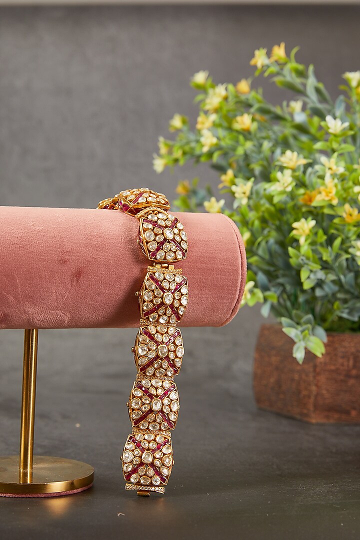 Gold Plated Kundan Polki & Red Utrai Bracelet In Sterling Silver by Kaari at Pernia's Pop Up Shop