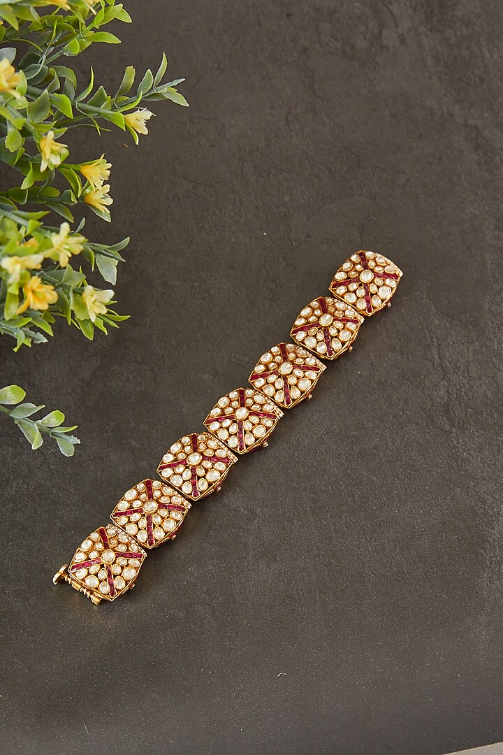 Gold Plated Kundan Polki & Red Utrai Bracelet In Sterling Silver by Kaari at Pernia's Pop Up Shop