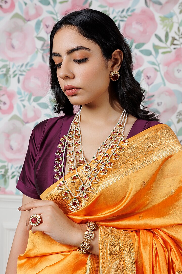Gold Plated Kundan Polki & Red Utrai Bracelet In Sterling Silver by Kaari at Pernia's Pop Up Shop
