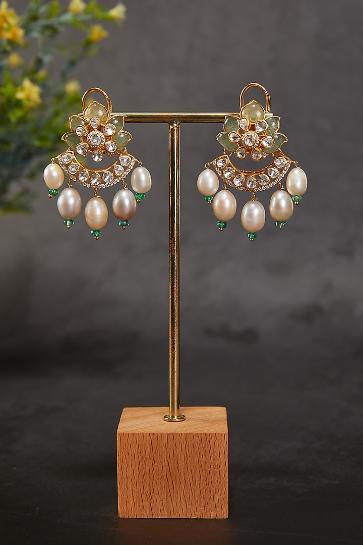 Gold Plated Kundan Polki & Pearl Dangler Earrings In Sterling Silver by Kaari at Pernia's Pop Up Shop