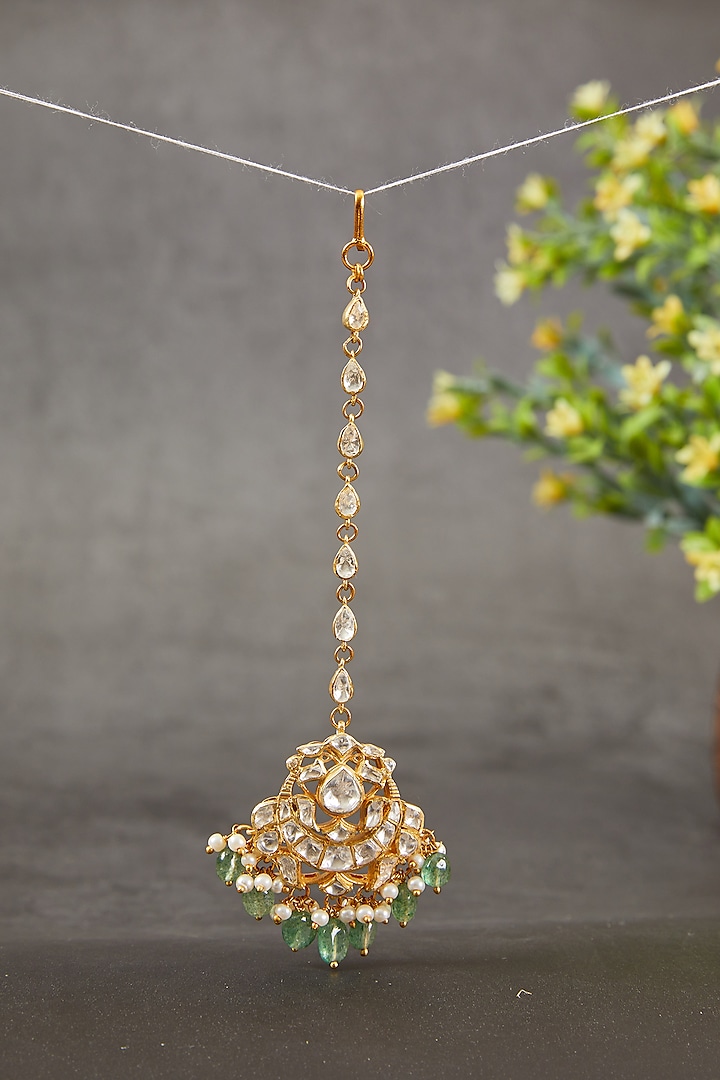 Gold Plated Kundan Polki & Freshwater Pearl Maangtikka In Sterling Silver by Kaari at Pernia's Pop Up Shop