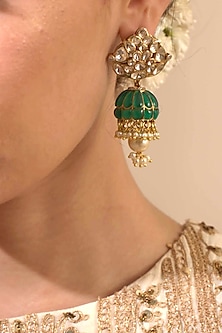 Gold Plated Polki Jhumki Earrings by Kaari-JEWELLERY ON DISCOUNT