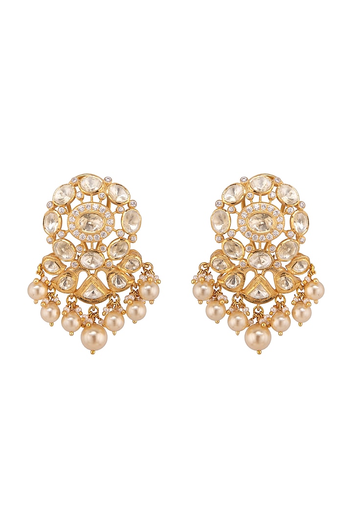 Gold Plated Polki & Pearls Jhumki Earrings by Kaari