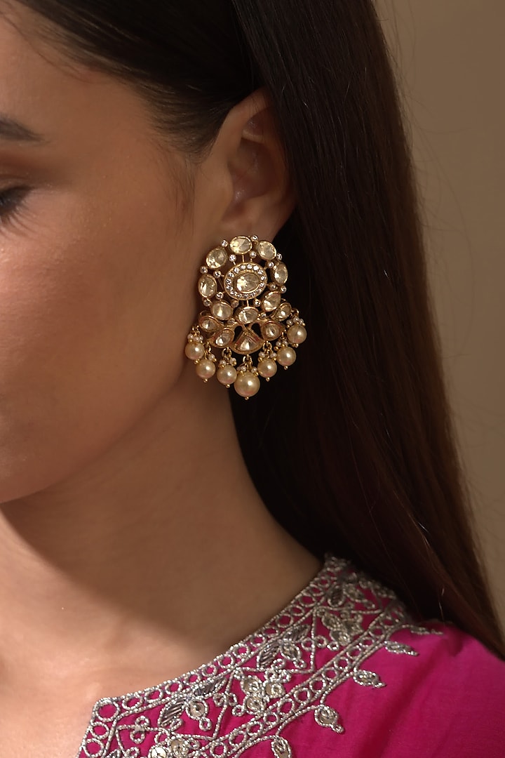 Gold Plated Polki & Pearls Jhumki Earrings by Kaari