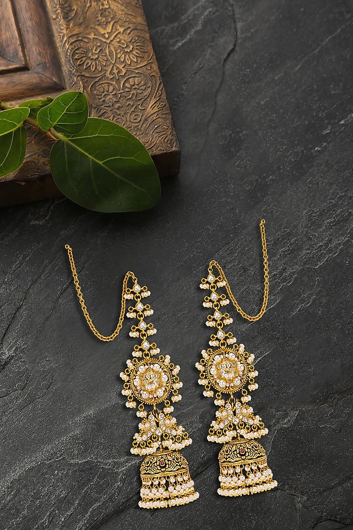 Gold Plated Pearls & Polki Jhumki Earrings by Kaari