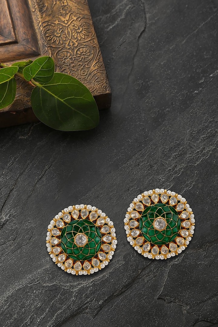 Gold Plated Emerald Stud Earrings by Kaari