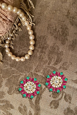Gold Plated Emerald & Ruby Stud Earrings by Kaari