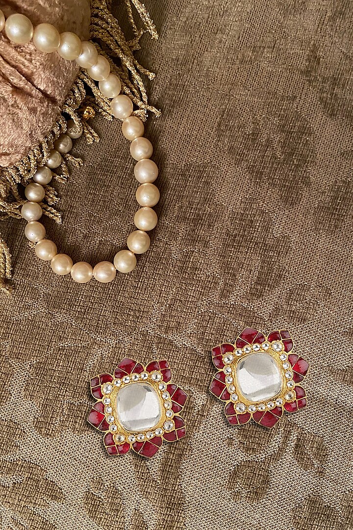 Gold Plated Ruby & Polki Stud Earrings by Kaari