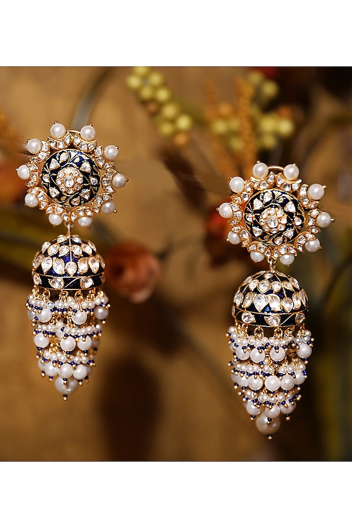 Gold Plated Blue Enamel Jhumki Earrings by Kaari