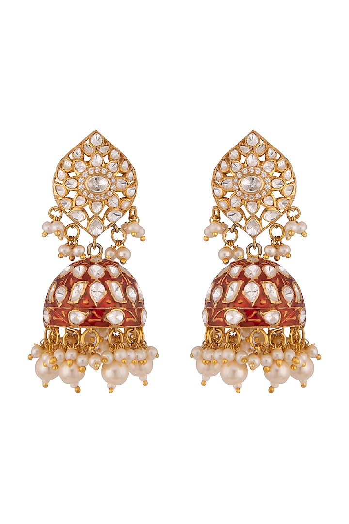 Gold Plated Red Enamel Earrings by Kaari