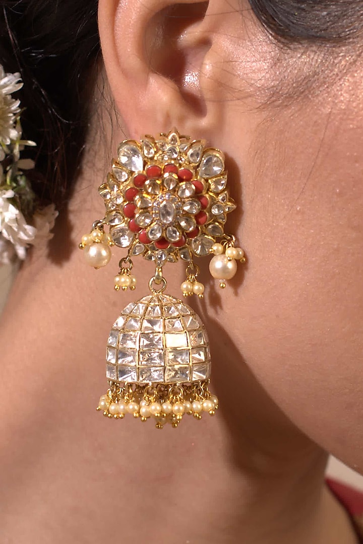 Gold Plated Coral Jhumki Earrings by Kaari