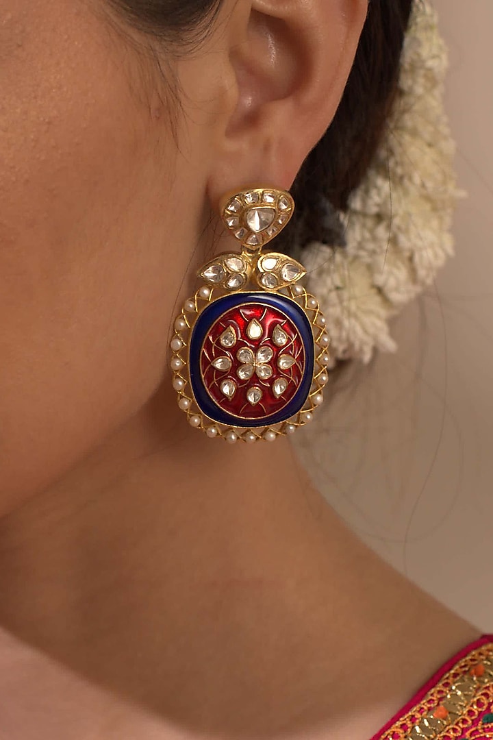Gold Plated Ruby Dangler Earrings by Kaari
