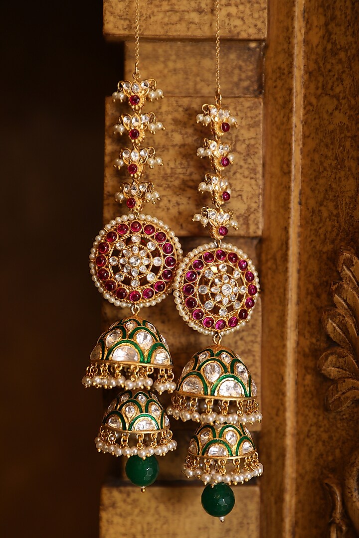 Gold Plated Green Enameled Jhumka Earrings by Kaari