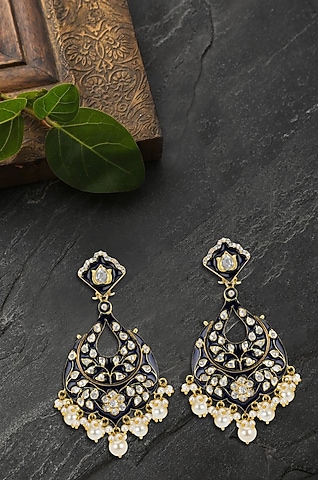 Gold Plated Blue Enameled Dangler Earrings by Kaari