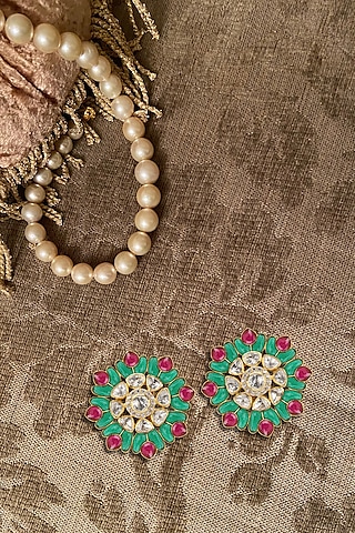 Gold Plated Emerald & Ruby Stud Earrings by Kaari