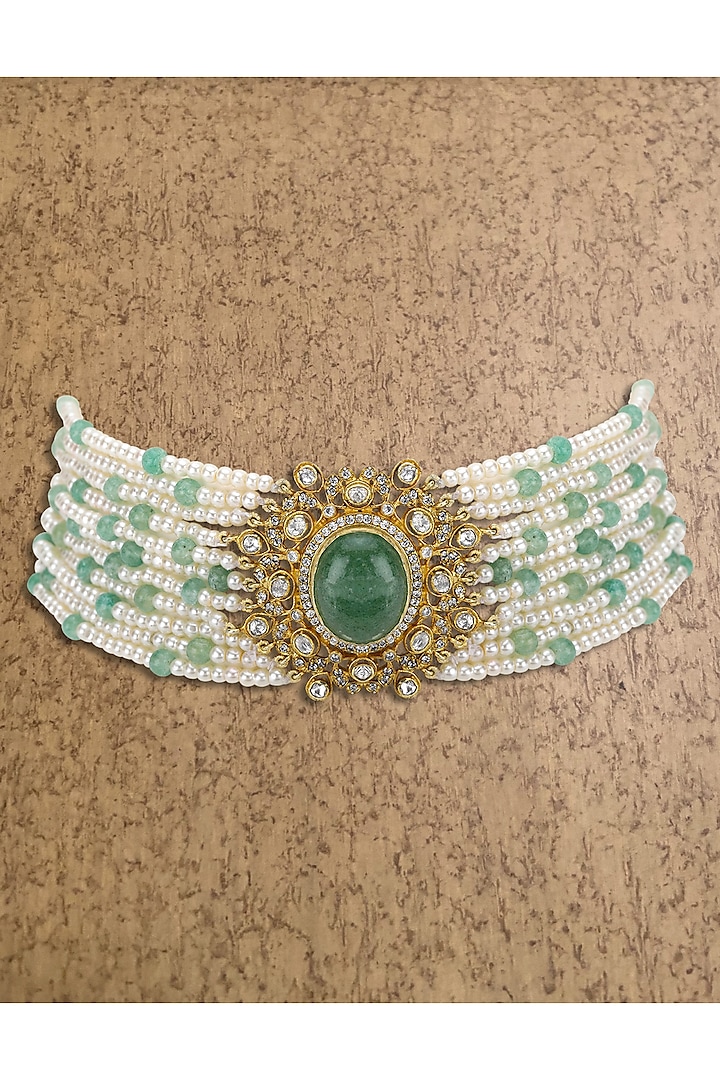 Gold Plated Polki & Emeralds Choker Necklace by Kaari