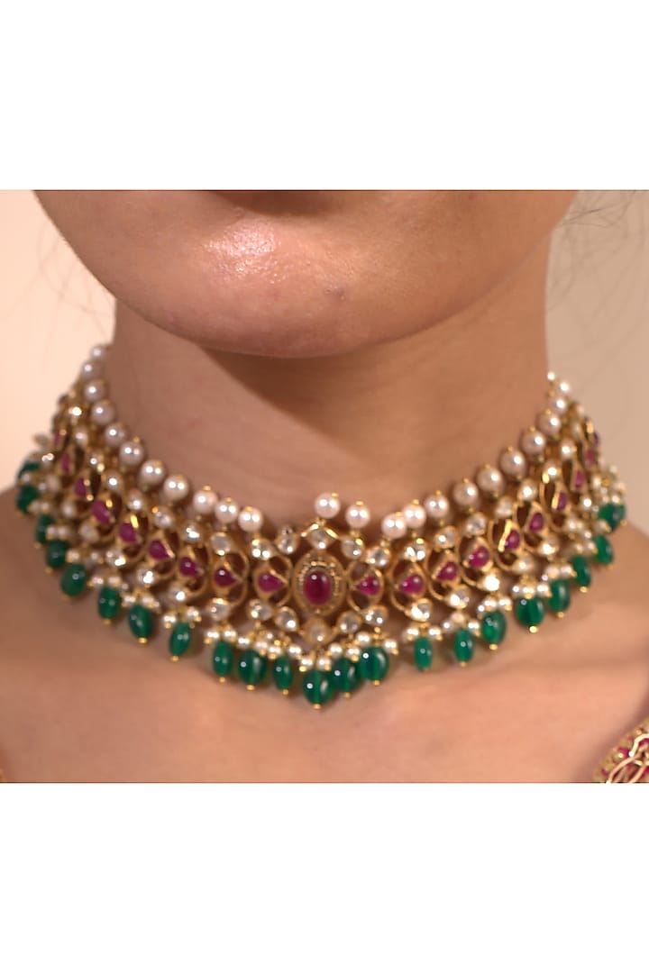 Gold Plated Ruby & Emerald Choker Necklace by Kaari