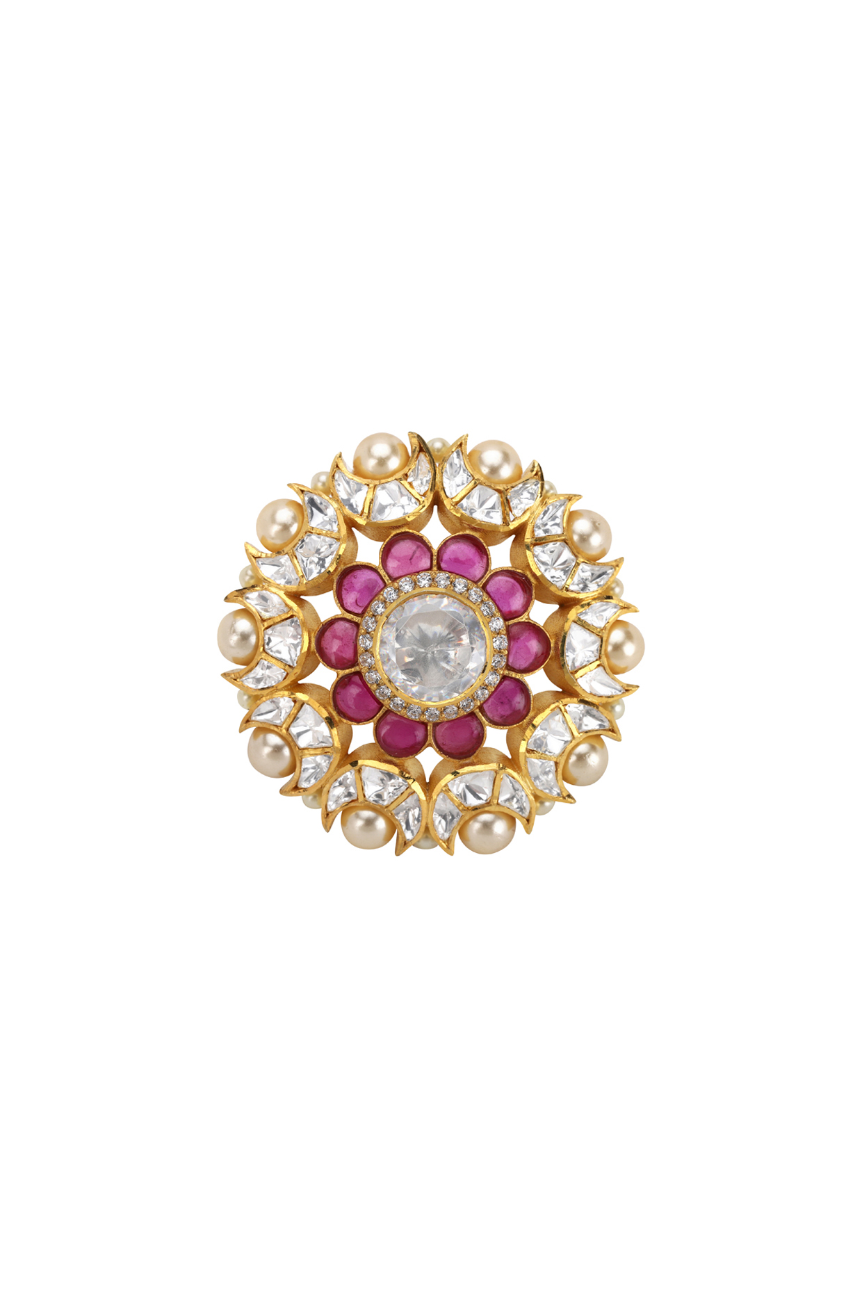 Gold Plated Polki & Pearls Ring by Kaari