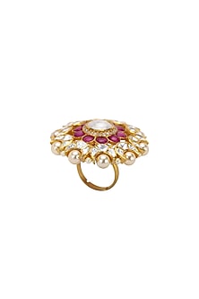 Gold Plated Polki & Pearls Ring by Kaari-JEWELLERY AS GIFTS