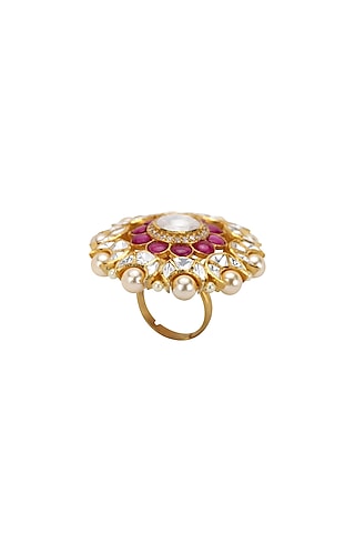 Gold Plated Polki & Pearls Ring by Kaari