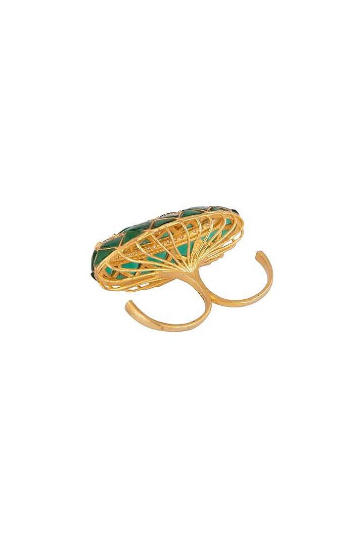 Gold Plated Polki Two Finger Ring by Kaari