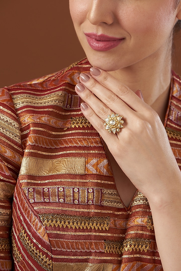 Gold Finish Vellore Polki Ring In Sterling Silver by Kaari