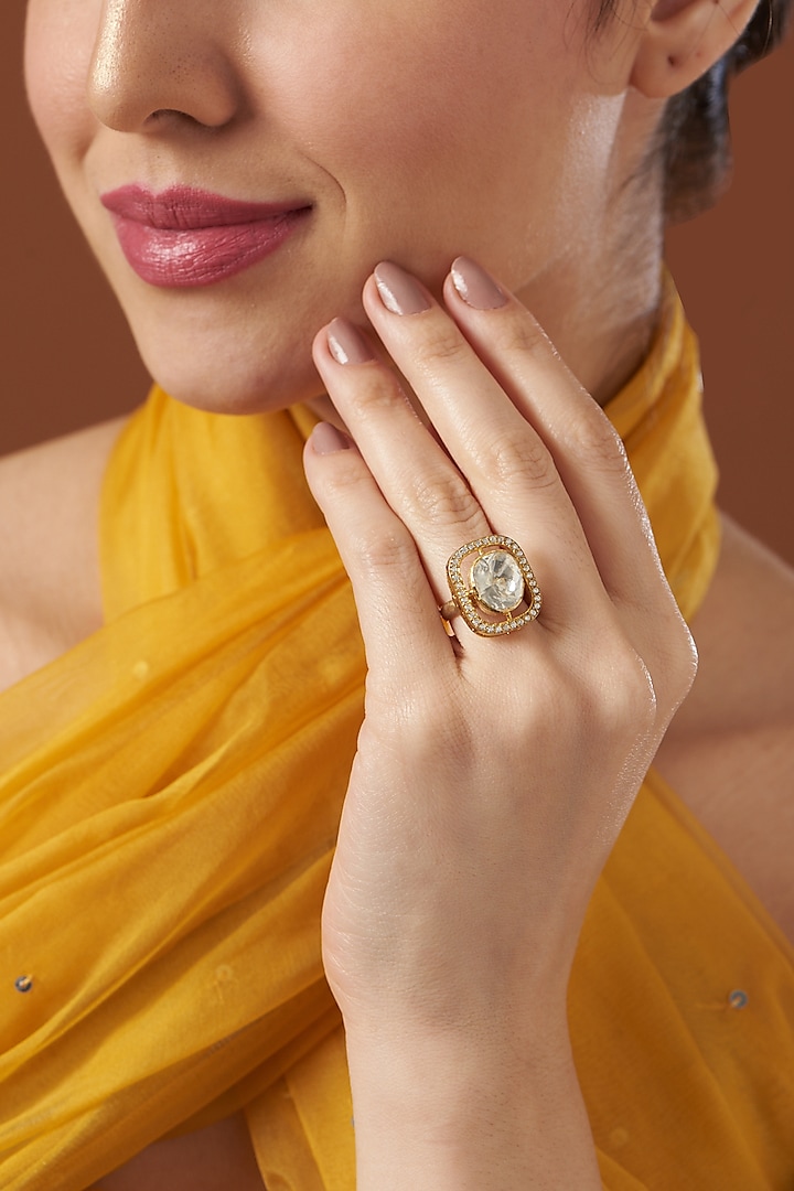 Gold Finish Moissanite Polki Ring In Sterling Silver by Kaari