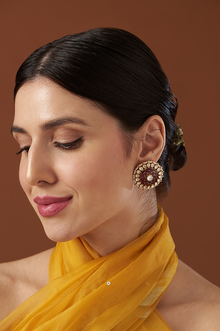 Gold Finish Ruby Stud Earrings In Sterling Silver by Kaari