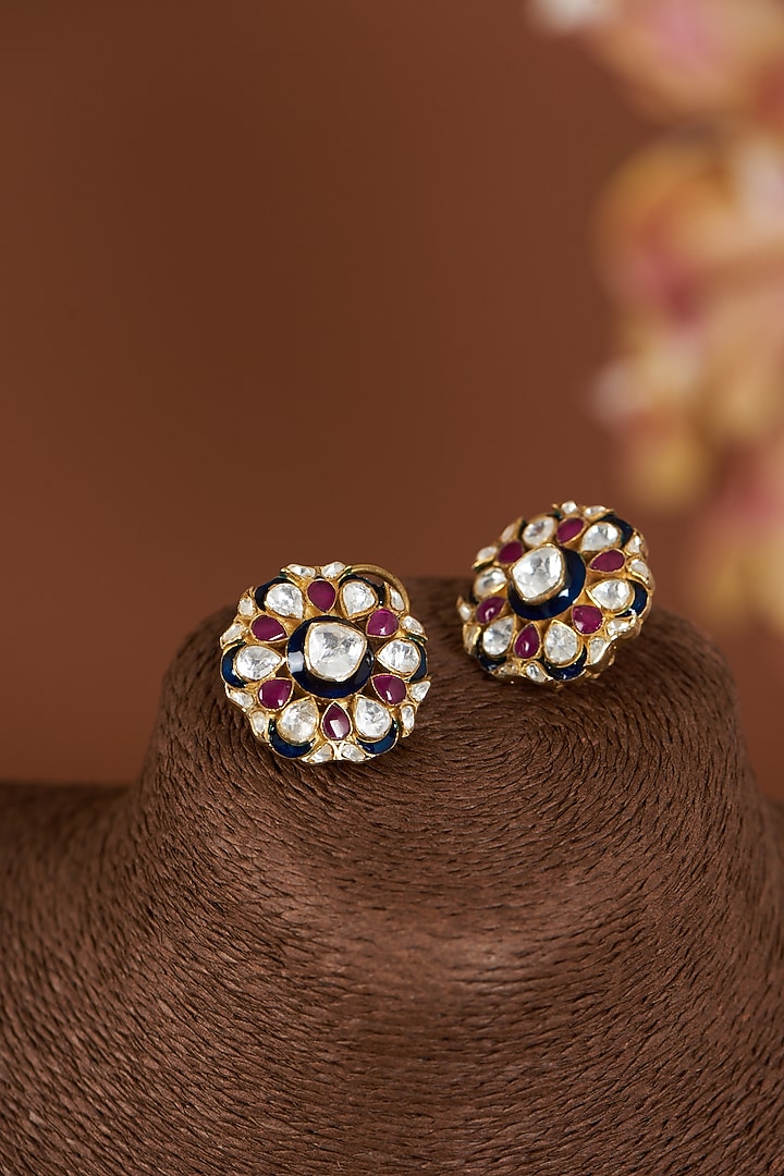 Gold Finish Semi Precious Enameled Earrings In Sterling Silver by Kaari at Pernia's Pop Up Shop