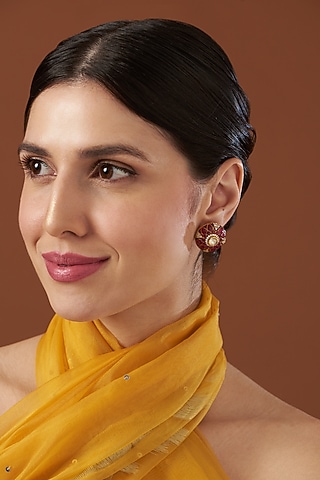 Gold Finish Vellore Polki Earrings In Sterling Silver by Kaari
