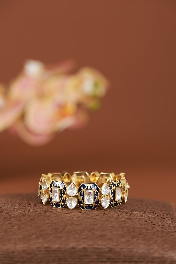 Gold Finish Moissanite Polki Bangle In Sterling Silver by Kaari at Pernia's Pop Up Shop