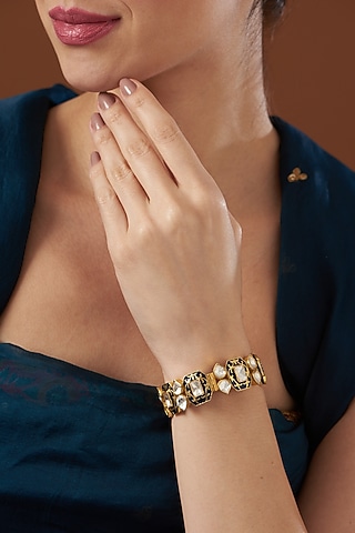Gold Finish Moissanite Polki Bangle In Sterling Silver by Kaari