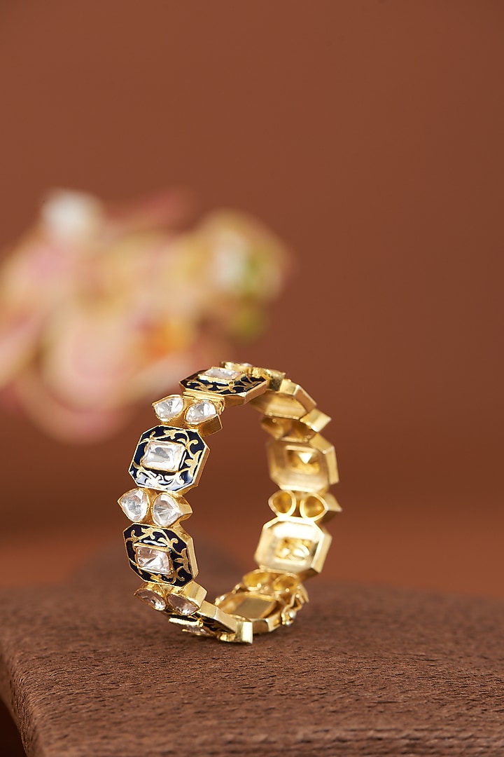 Gold Finish Moissanite Polki Bangle In Sterling Silver by Kaari at Pernia's Pop Up Shop