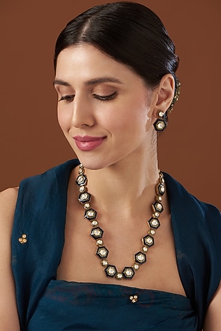 Gold Finish Enameled Necklace Set In Sterling Silver by Kaari