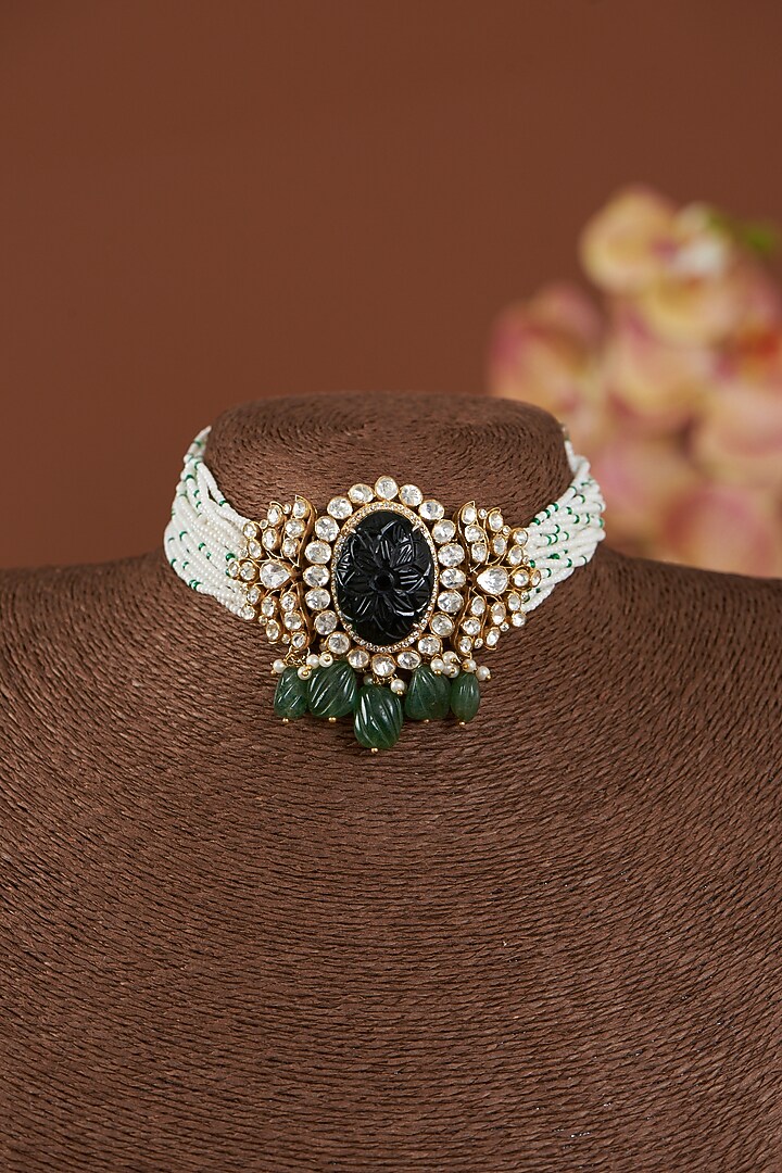 Gold Finish Vellore Polki Choker Necklace In Sterling Silver by Kaari at Pernia's Pop Up Shop