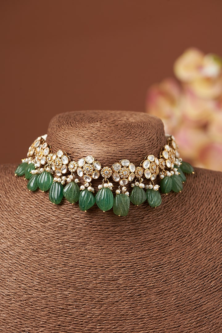 Gold Finish Vellore Polki Necklace Set In Sterling Silver by Kaari at Pernia's Pop Up Shop